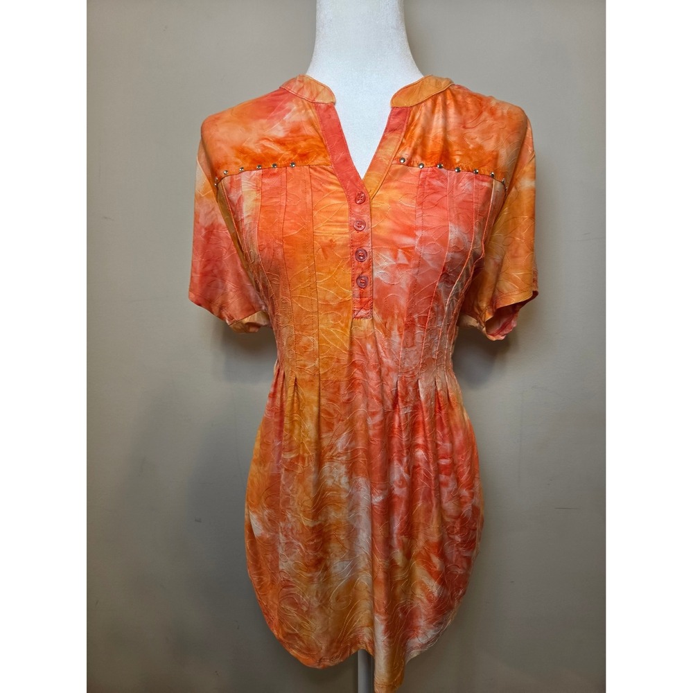 Shannon Ford New York Orange Tie Dye Embroidered Tunic Top Studded Plus Size 1X